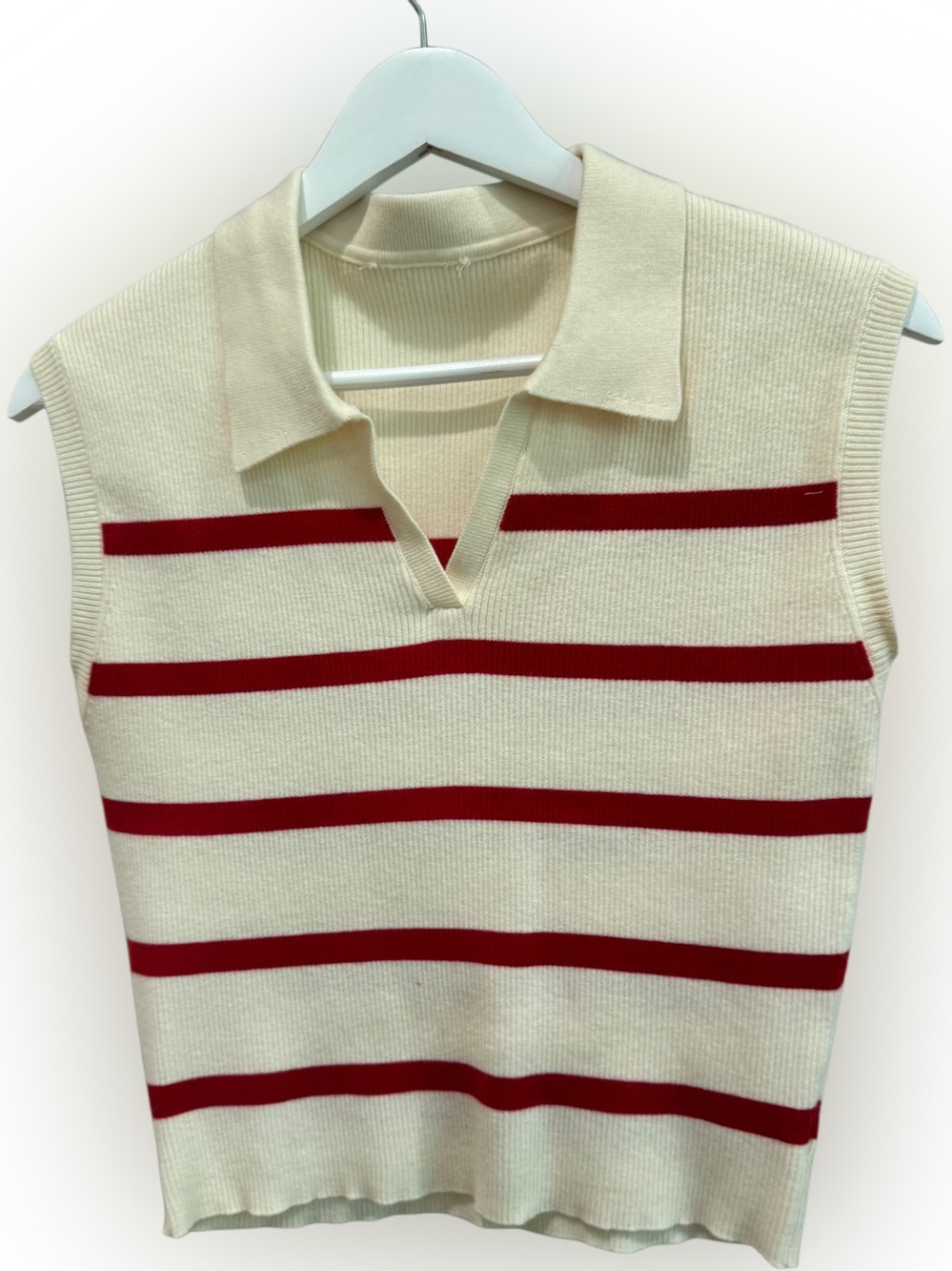 Double Zero Red and Cream Striped Sleeveless Collared Sweater Top - Picture 2 of 3
